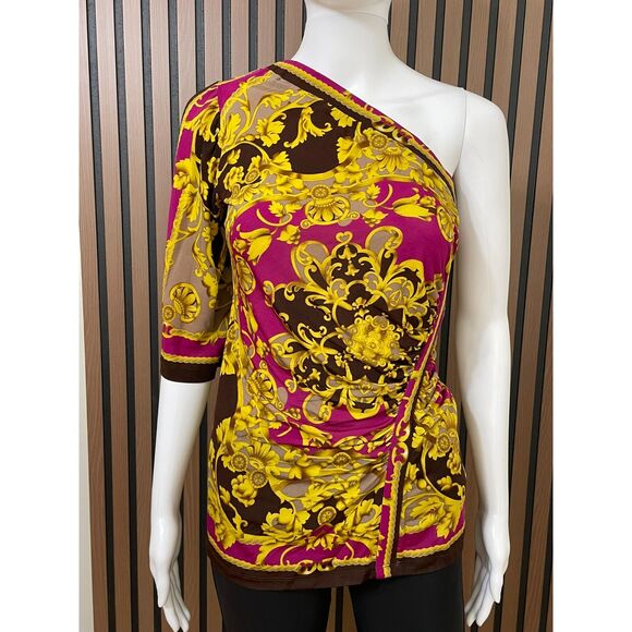 Cache Women's M Yellow Rayon Blouse Y2k Stretch Baroque Print Boho One Shoulder - Picture 1 of 7